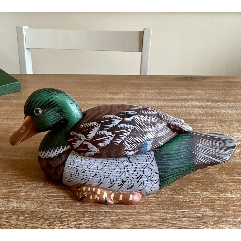 Vintage Porcelain Mallard Duck Trinket Lidded Vibrant Glass Eye‎ Hand Painted